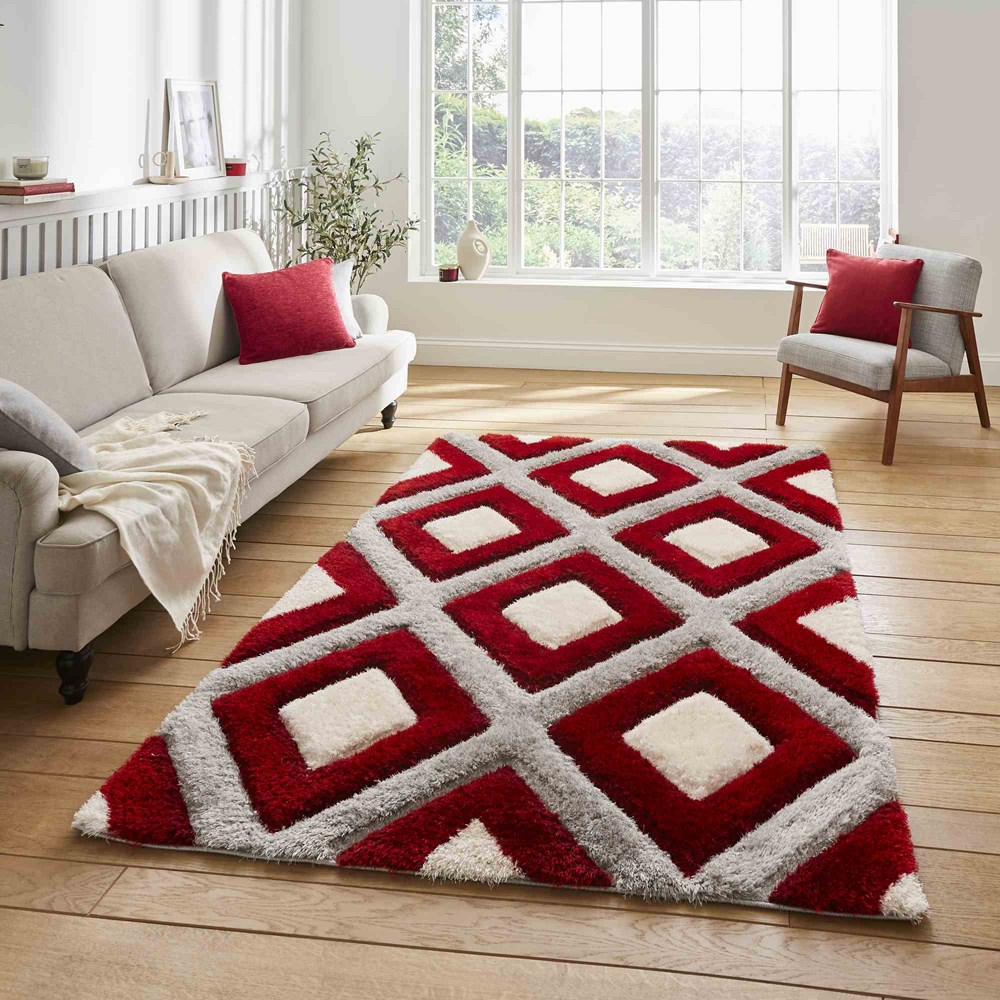 Olympia GR224 Modern Geometric Shaggy Rugs in Grey Red